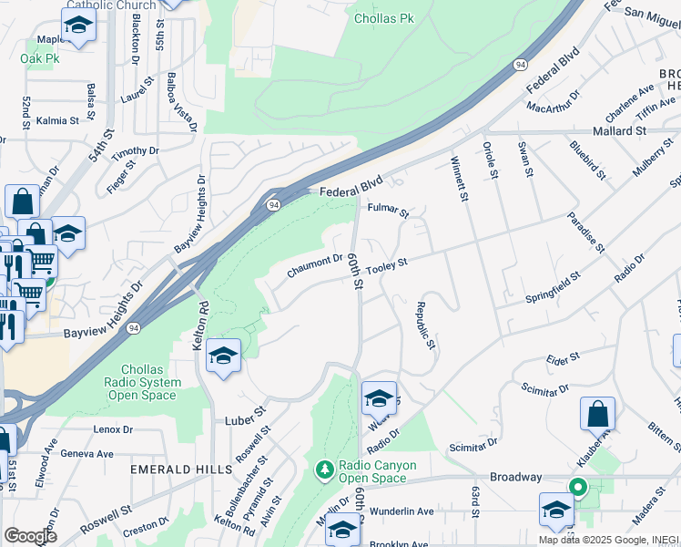 map of restaurants, bars, coffee shops, grocery stores, and more near 5964 Tooley Street in San Diego