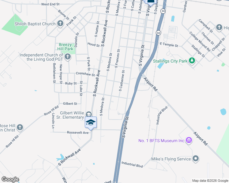 map of restaurants, bars, coffee shops, grocery stores, and more near 1115 South Frances Street in Terrell