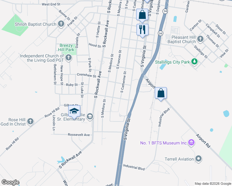 map of restaurants, bars, coffee shops, grocery stores, and more near 1115 South Frances Street in Terrell