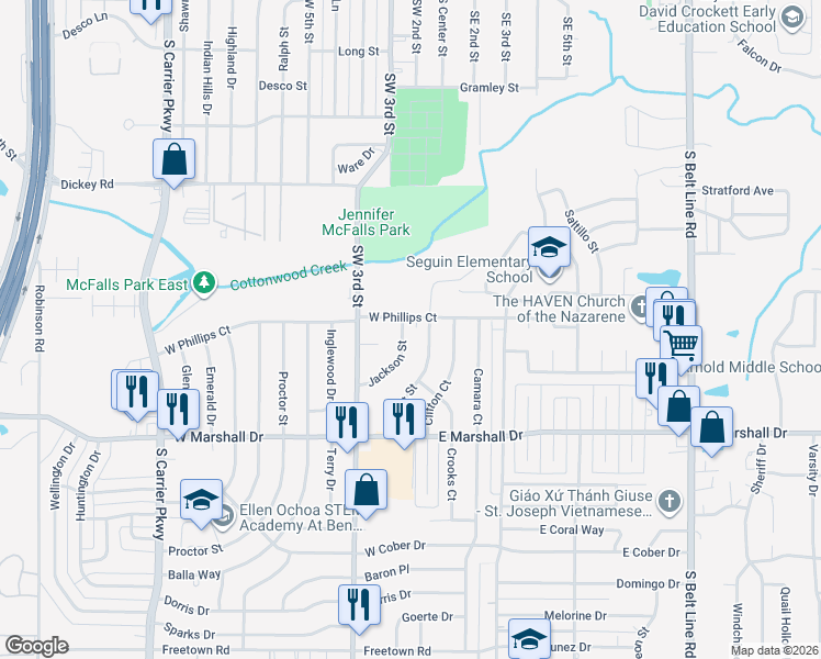 map of restaurants, bars, coffee shops, grocery stores, and more near 1605 Jackson Street in Grand Prairie