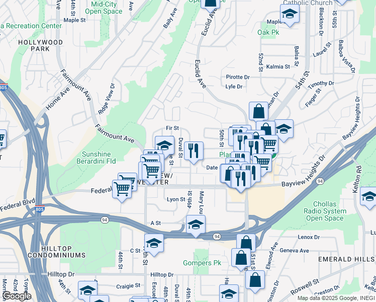 map of restaurants, bars, coffee shops, grocery stores, and more near 1746 49th Street in San Diego