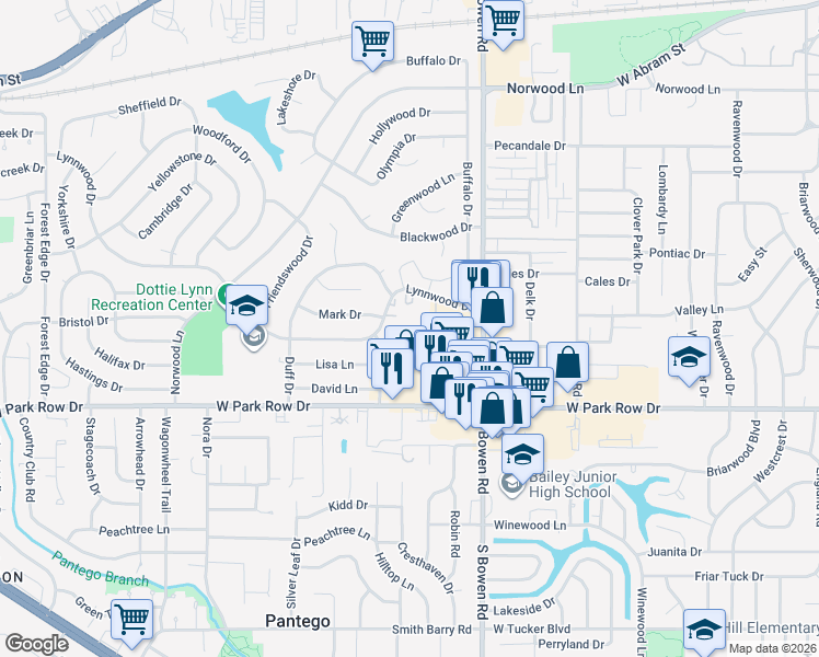 map of restaurants, bars, coffee shops, grocery stores, and more near 2800 Lynnwood Drive in Arlington