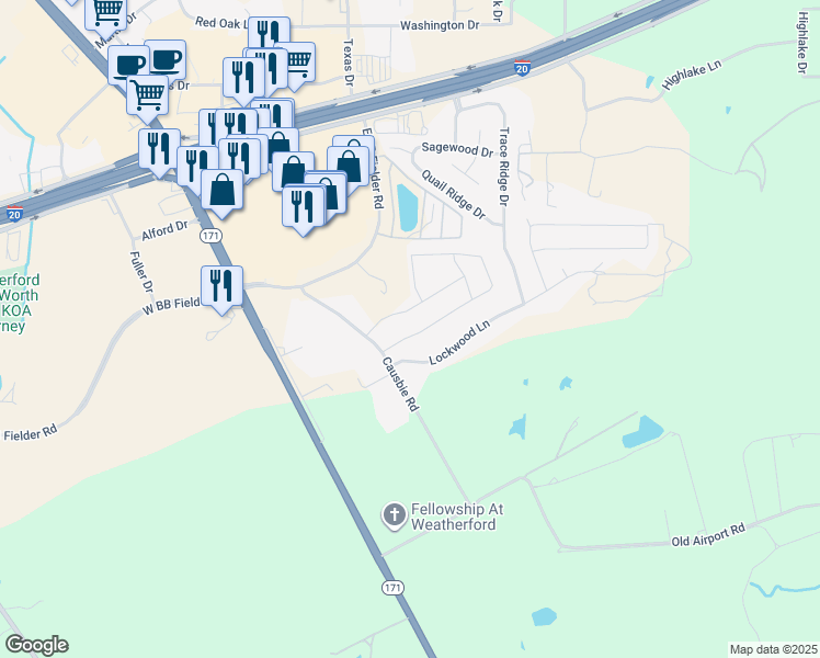 map of restaurants, bars, coffee shops, grocery stores, and more near 308 Paloma St in Weatherford