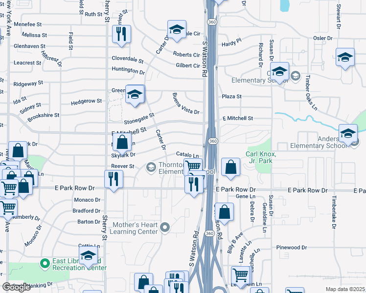 map of restaurants, bars, coffee shops, grocery stores, and more near 2500 Skylark Drive in Arlington