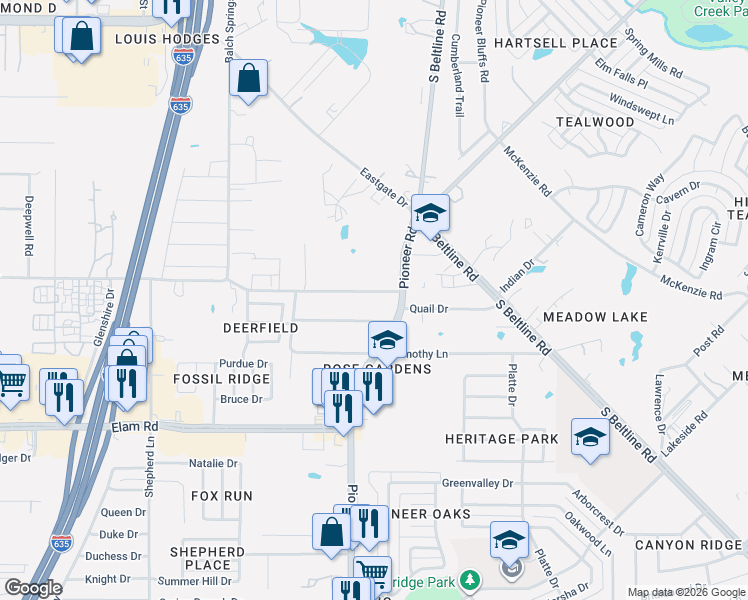 map of restaurants, bars, coffee shops, grocery stores, and more near 13016 Quail Drive in Balch Springs