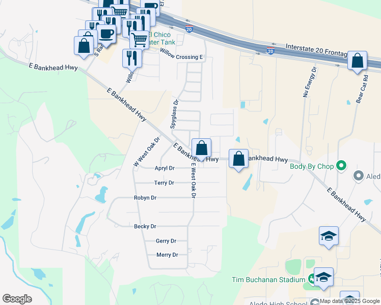 map of restaurants, bars, coffee shops, grocery stores, and more near 398 Spyglass Drive in Willow Park
