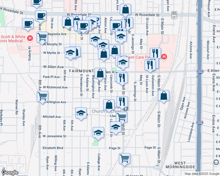 map of restaurants, bars, coffee shops, grocery stores, and more near 1818 Lipscomb Street in Fort Worth