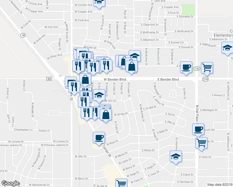 map of restaurants, bars, coffee shops, grocery stores, and more near 2120 North Cielo Drive in Hobbs