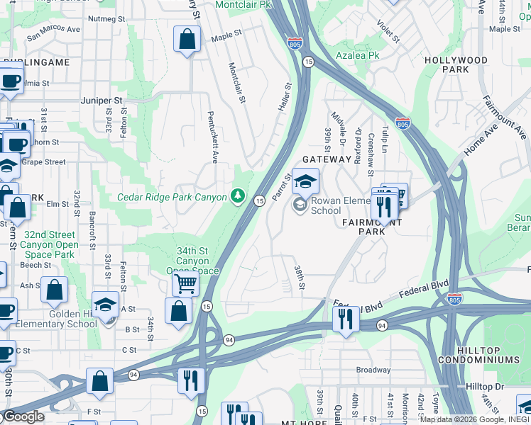 map of restaurants, bars, coffee shops, grocery stores, and more near 1718 Parrot Street in San Diego