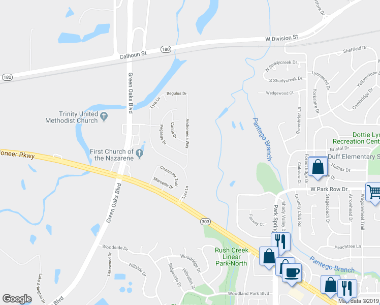 map of restaurants, bars, coffee shops, grocery stores, and more near 1303 Andromeda Way in Arlington