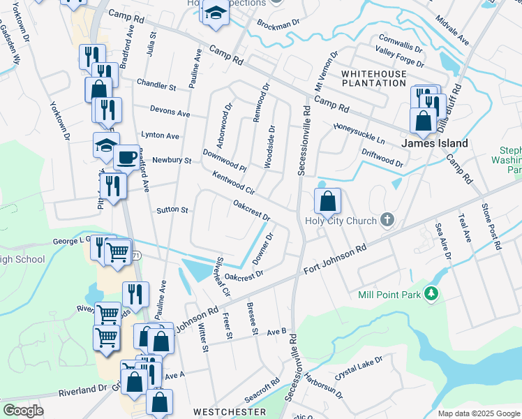 map of restaurants, bars, coffee shops, grocery stores, and more near 1153 Oakcrest Drive in Charleston