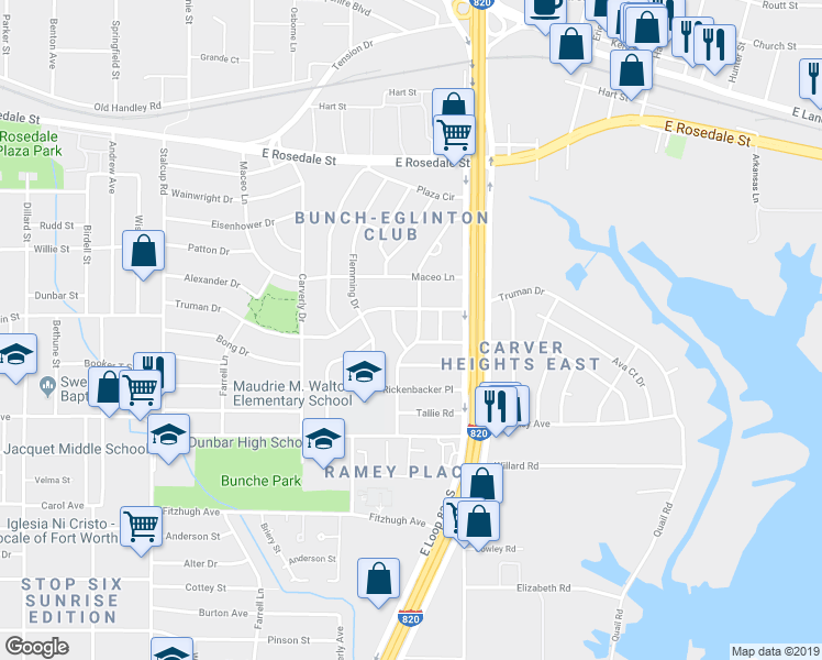 map of restaurants, bars, coffee shops, grocery stores, and more near 2212 Hooks Lane in Fort Worth