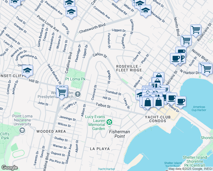 map of restaurants, bars, coffee shops, grocery stores, and more near 1130 Bangor Street in San Diego