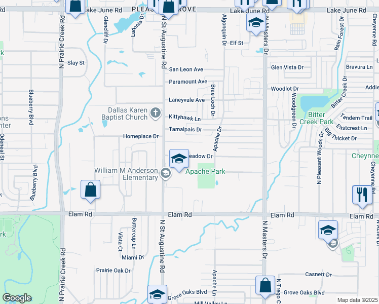 map of restaurants, bars, coffee shops, grocery stores, and more near 9719 Silver Meadow Drive in Dallas