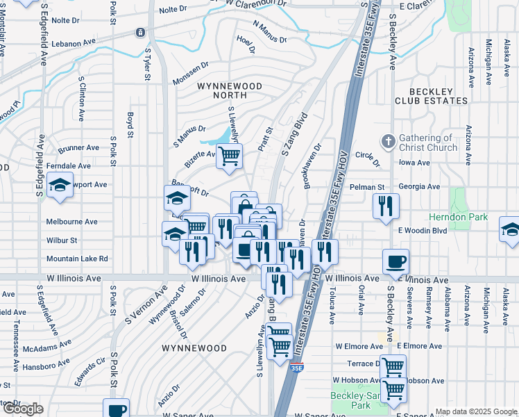 map of restaurants, bars, coffee shops, grocery stores, and more near 501 Wynnewood Drive in Dallas