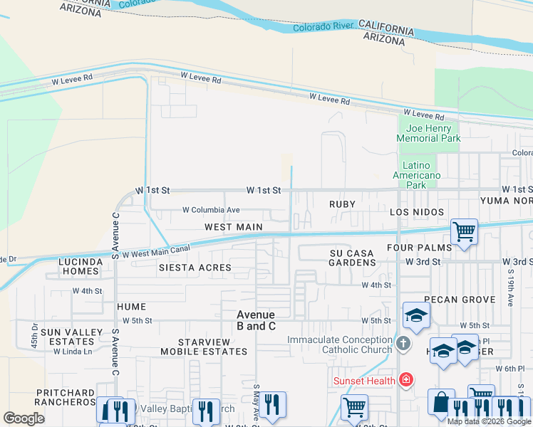 map of restaurants, bars, coffee shops, grocery stores, and more near 2901-3199 W Columbia Ave in Yuma