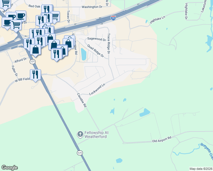 map of restaurants, bars, coffee shops, grocery stores, and more near 361 Lockwood Lane in Weatherford