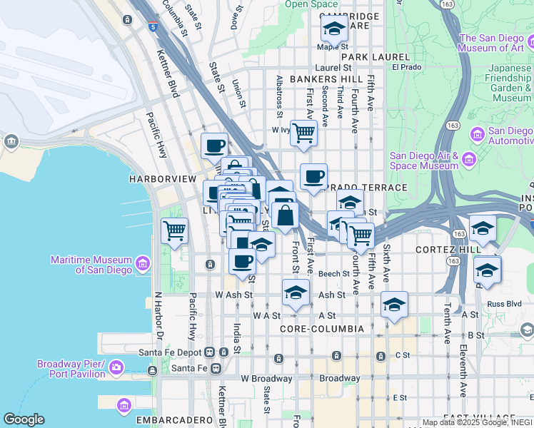 map of restaurants, bars, coffee shops, grocery stores, and more near 1789 State Street in San Diego