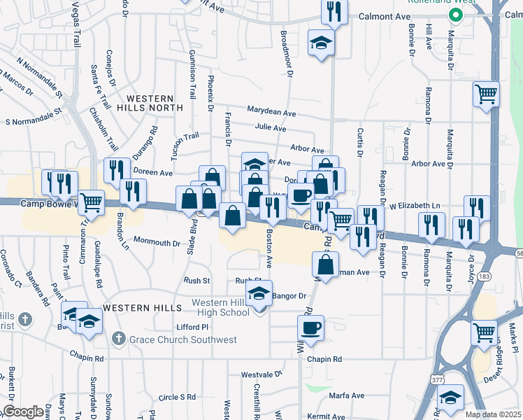 map of restaurants, bars, coffee shops, grocery stores, and more near 8048 Camp Bowie West Boulevard in Fort Worth
