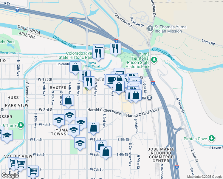 map of restaurants, bars, coffee shops, grocery stores, and more near 111 West 2nd Street in Yuma
