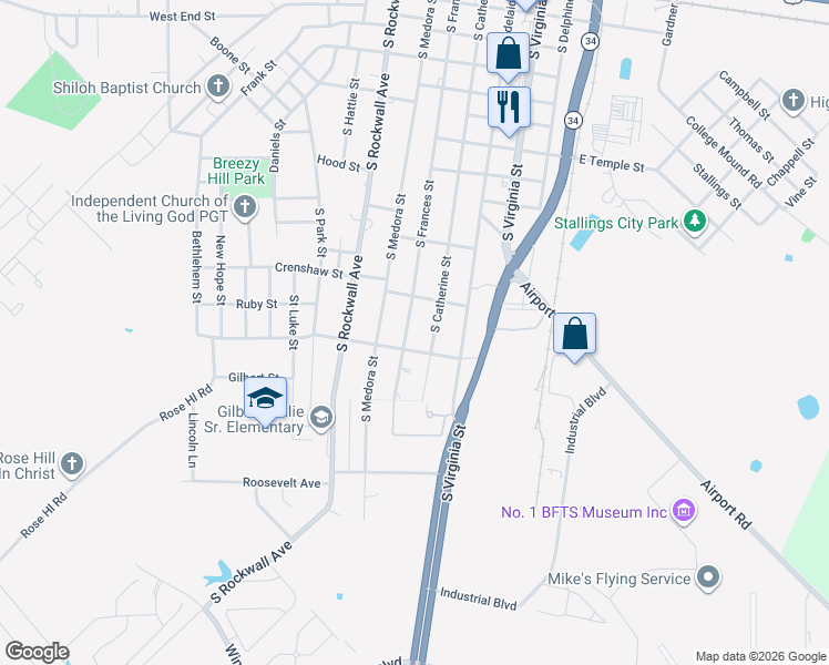 map of restaurants, bars, coffee shops, grocery stores, and more near 1115 South Frances Street in Terrell