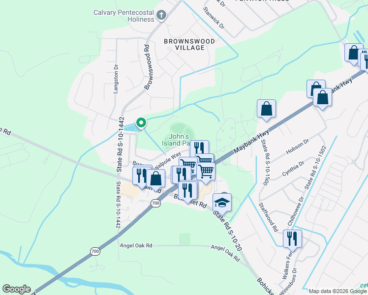 map of restaurants, bars, coffee shops, grocery stores, and more near 1704 Walpole Way in Johns Island