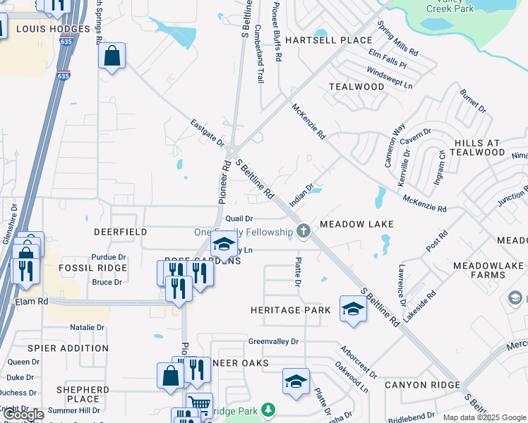 map of restaurants, bars, coffee shops, grocery stores, and more near 15025 Quail Drive in Balch Springs
