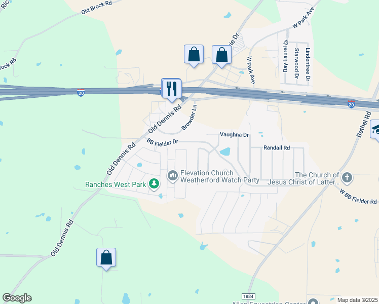 map of restaurants, bars, coffee shops, grocery stores, and more near 1209 Glen Court in Weatherford