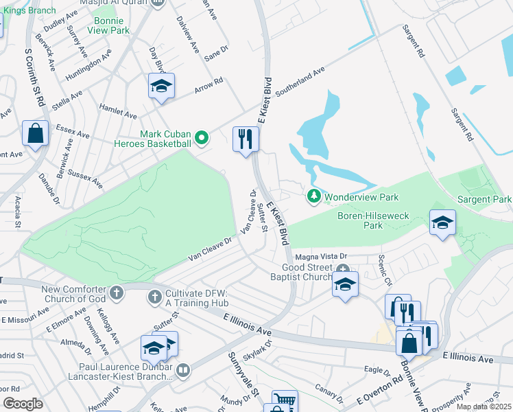 map of restaurants, bars, coffee shops, grocery stores, and more near 2312 Van Cleave Drive in Dallas