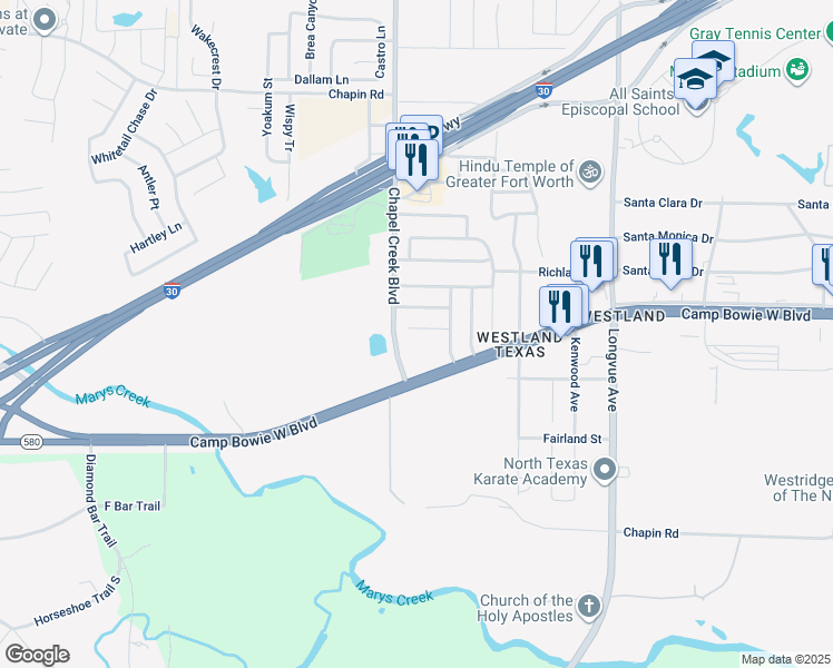 map of restaurants, bars, coffee shops, grocery stores, and more near 10125 Chapel Hill Court in Fort Worth
