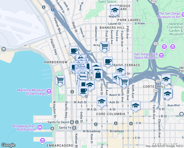 map of restaurants, bars, coffee shops, grocery stores, and more near 1789 State Street in San Diego