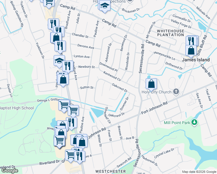map of restaurants, bars, coffee shops, grocery stores, and more near 1128 Bellwood Road in Charleston