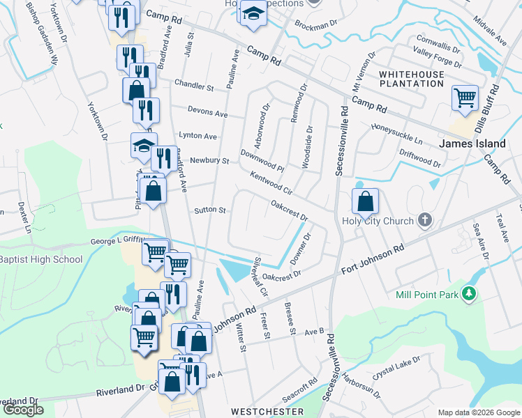 map of restaurants, bars, coffee shops, grocery stores, and more near 1142 Rivercrest Drive in Charleston