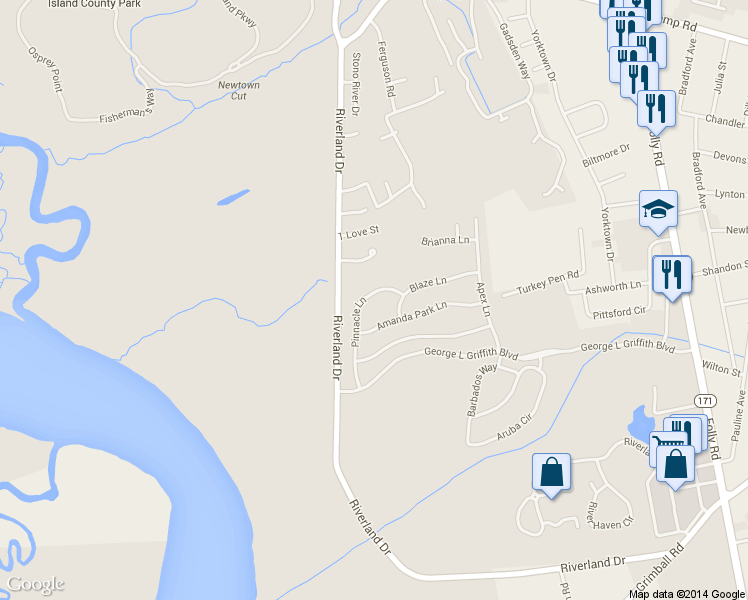 map of restaurants, bars, coffee shops, grocery stores, and more near 1513 Blaze Lane in Charleston