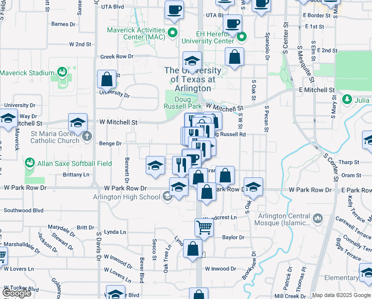 map of restaurants, bars, coffee shops, grocery stores, and more near 710 Benge Drive in Arlington
