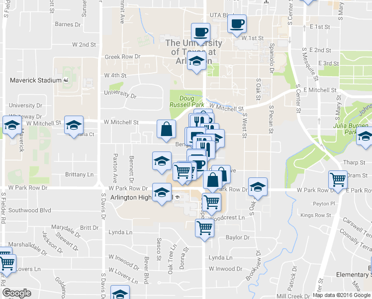 map of restaurants, bars, coffee shops, grocery stores, and more near 710 Benge Drive in Arlington