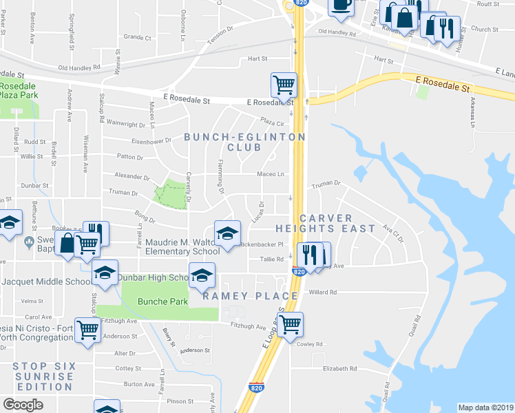 map of restaurants, bars, coffee shops, grocery stores, and more near 2212 Hooks Lane in Fort Worth