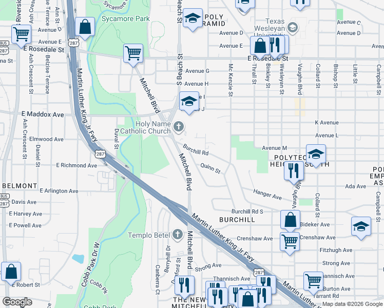 map of restaurants, bars, coffee shops, grocery stores, and more near 2650 Burchill Road in Fort Worth