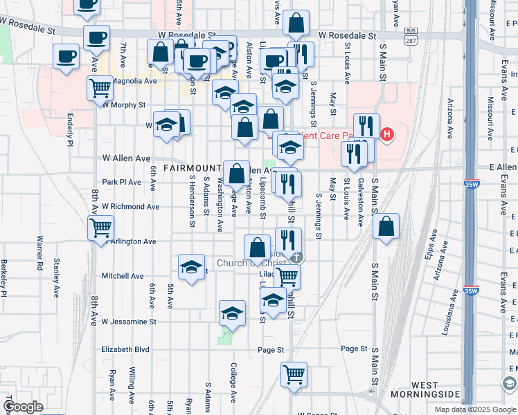 map of restaurants, bars, coffee shops, grocery stores, and more near 1818 Lipscomb Street in Fort Worth