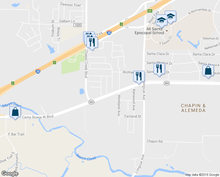 map of restaurants, bars, coffee shops, grocery stores, and more near 3349 Chapel Wood Court in Fort Worth