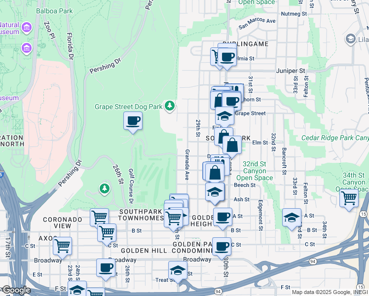 map of restaurants, bars, coffee shops, grocery stores, and more near 1728 Granada Avenue in San Diego