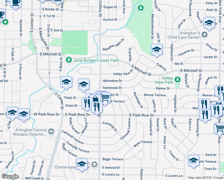 map of restaurants, bars, coffee shops, grocery stores, and more near 1004 Sunnyvale Drive in Arlington