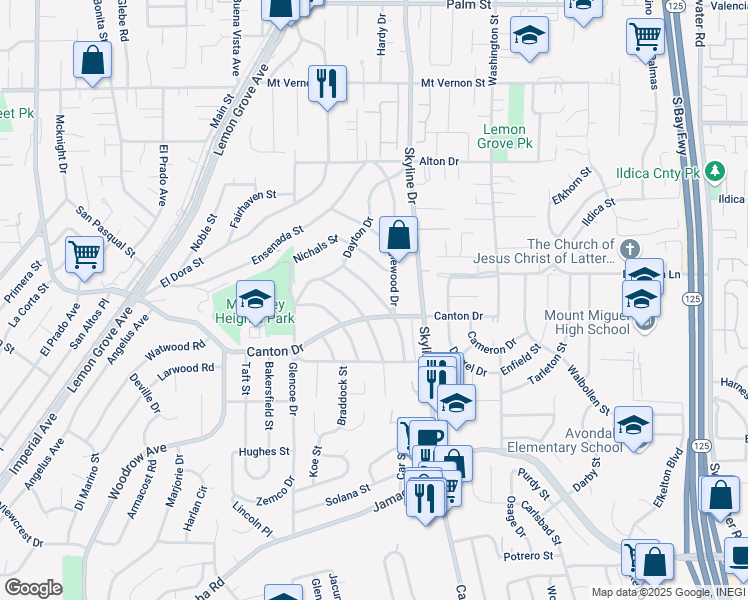 map of restaurants, bars, coffee shops, grocery stores, and more near 1724 Colfax Drive in Lemon Grove