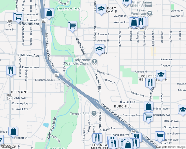 map of restaurants, bars, coffee shops, grocery stores, and more near 2112 Mitchell Boulevard in Fort Worth
