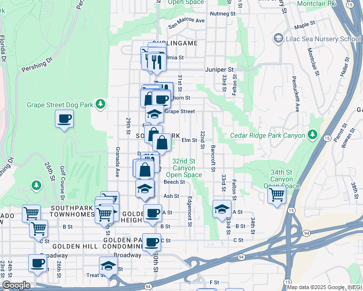 map of restaurants, bars, coffee shops, grocery stores, and more near 1739 31st Street in San Diego