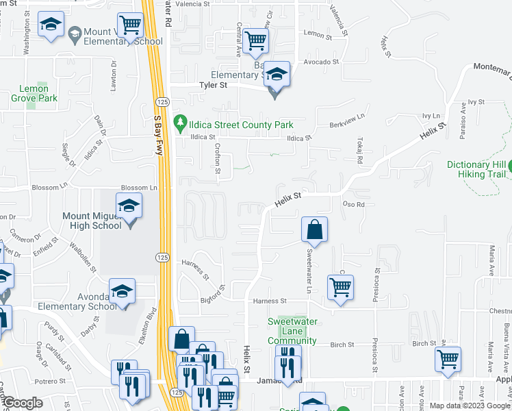 map of restaurants, bars, coffee shops, grocery stores, and more near 8781 Vista Del Oro Way in Spring Valley