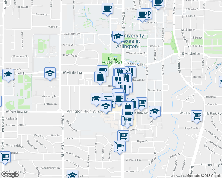 map of restaurants, bars, coffee shops, grocery stores, and more near 710 Benge Drive in Arlington