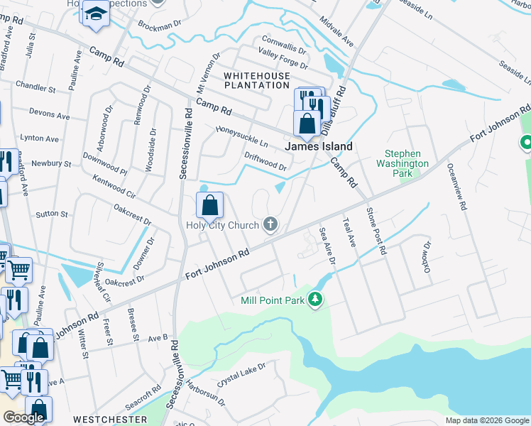 map of restaurants, bars, coffee shops, grocery stores, and more near 1506 Swamp Fox Lane in Charleston
