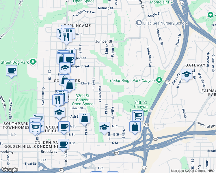 map of restaurants, bars, coffee shops, grocery stores, and more near 1727 33rd Street in San Diego