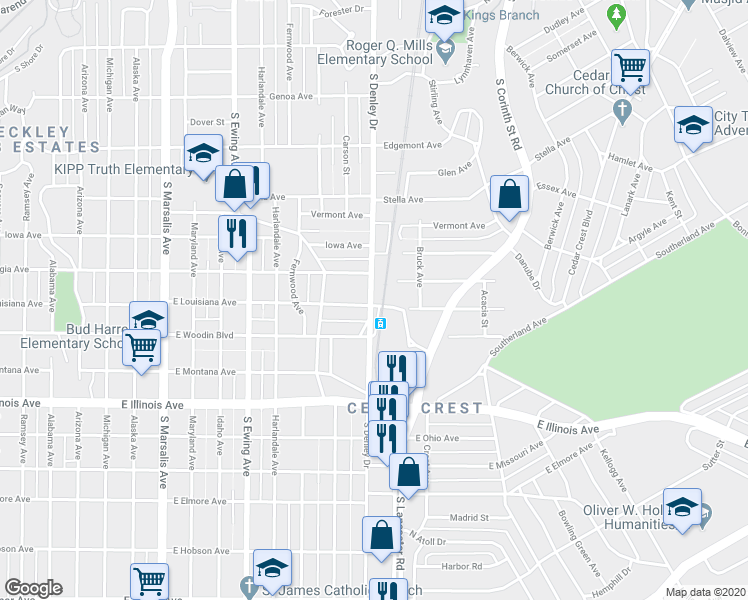 map of restaurants, bars, coffee shops, grocery stores, and more near 1922 South Denley Drive in Dallas